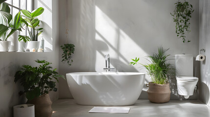 A serene bathroom setting with a freestanding bathtub basked in natural light and surrounded by green houseplants