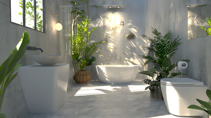 Modern bathroom featuring raw concrete elements, live plants, and sunlight creating a fusion of urban and natural