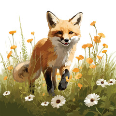 A mischievous fox tiptoeing through a field of flower