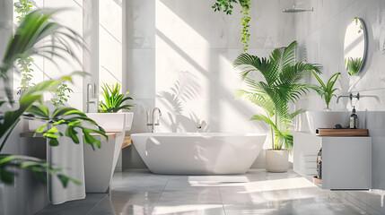 Contemporary bathroom featuring ample sunlight, reflective surfaces, and vibrant plants emphasizing tranquility