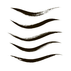Makeup strokes, Set of mascara smudge, makeup eye liner swatches, Beauty and cosmetic black brush smudges vector background. smear make up lines collection, liquid make up texture isolated on white.