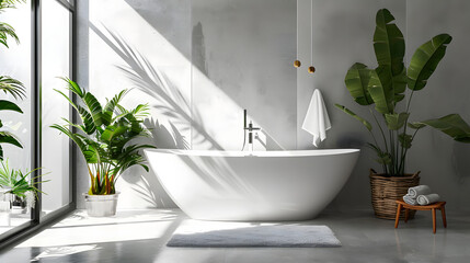 An elegant white bathroom with a focus on natural elements, highlighting a large window with sunlight