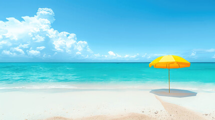 minimalist image of a yellow umbrella in the beach shore in summer. Feeling of relaxation and rest in vacation