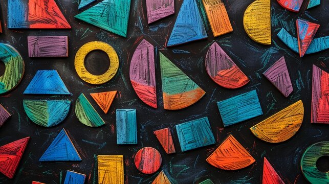 Artistic depiction of colorful chalk pieces on a dark blackboard with abstract shapes and patterns
