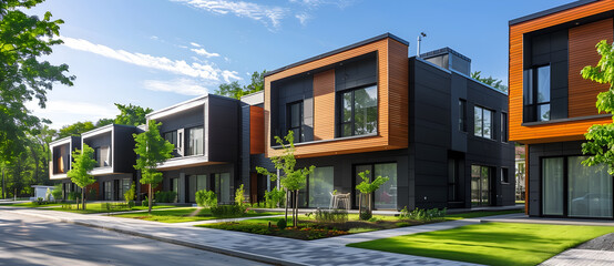 Modern row of new wooden townhouses with black and gray panel walls, green trees in front yard