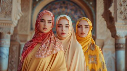 Fototapeta premium Three women adorned in colorful hijabs stand confidently in a beautifully decorated mosque interior..