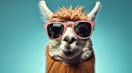 Naklejka premium A stylish llama wearing sunglasses against a vibrant background