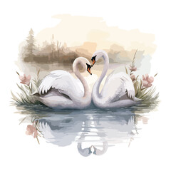 A pair of graceful swans swimming together in a misty