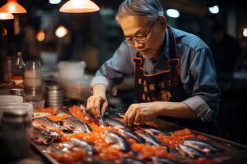 Man slicing seafood at market table, preparing dish to share - obrazy, fototapety, plakaty