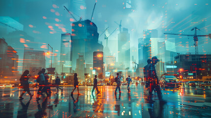 Double exposure, panorama of a vibrant urban landscape -  infrastructure concept