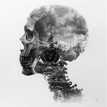skull and engine double exposure