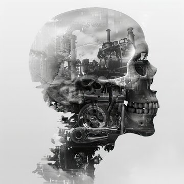 skull and engine double exposure