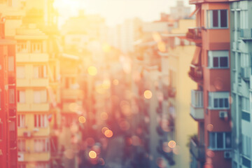 Soft focus sunny modern city at sunset. At the front are multi-apartment residential buildings. Blurred cityscape background - Powered by Adobe