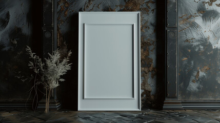 blank white canvas that is vertically oriented, mounted on a dark, textured wall. To the left of the canvas, there’s a bunch of dried plants