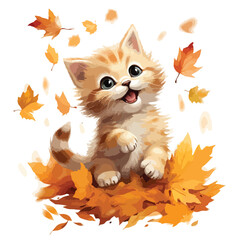 A playful kitten batting at falling autumn leaves. 