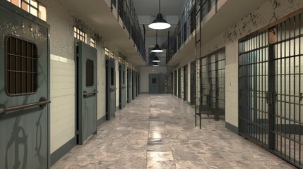 New prison with closed cells and lighting in high resolution and high quality. concept prison, freedom, prisoner, stay, abandonment