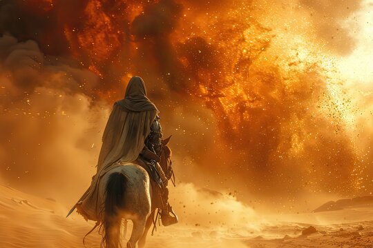  A desert wasteland stretches to the horizon, where a nomadic warrior on horseback squares off against a colossal sandstorm imbued with spectral energy. 