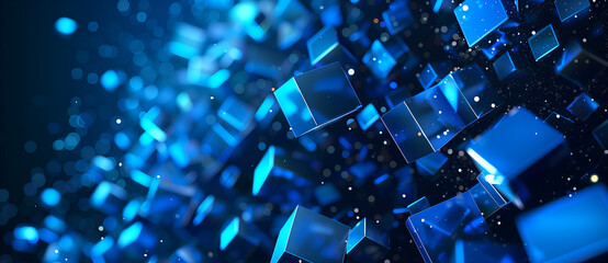 Blue background with digital data and cubes. Abstract futuristic pattern of glowing blue blocks on a black backdrop