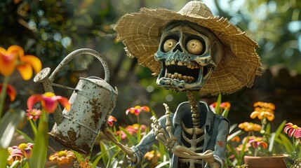 An animated zombie gardener watering dead flowers in the heat, wearing a straw hat and a cheerful expression