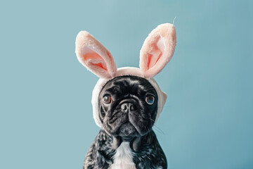 Cute French Bull Dog wearing Easter Bunny Ear on a Blue Background
