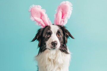 Cute Australian Shepard Dog wearing Easter Bunny Ear on a Blue Background