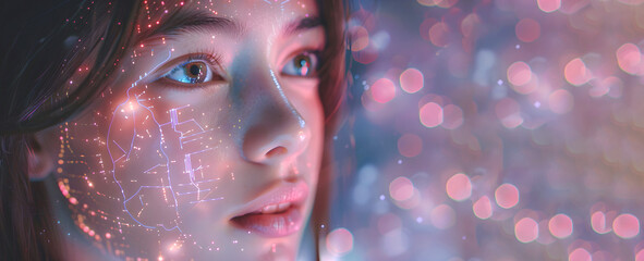 Futuristic girl with glowing dots on pink background. Technology concept. Blurred effect