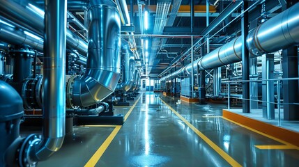 photo of an industrial interior with stainless steel pipes and machinery, a blue color theme,...