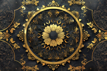 intricate golden floral mandala design on dark textured background, ceiling design 