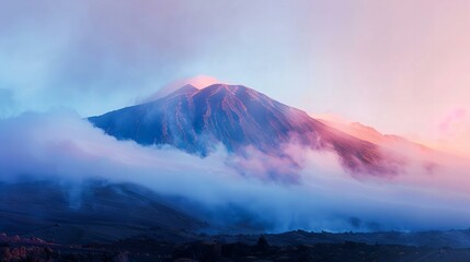 beautiful mountain peak, surrounded by clouds, pink and blue tones, landscape concept