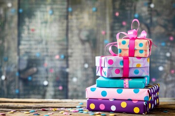 Colorful Birthday Gifts Wrapped with Ribbons and Bows, Creating a Festive Atmosphere and Excitement Concept - obrazy, fototapety, plakaty