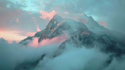 beautiful mountain peak, surrounded by clouds, pink and blue tones, landscape concept
