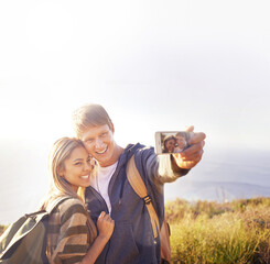 Phone screen, selfie and hiking couple hug in nature for photography, memory or blog profile picture. Smartphone, app and people outdoor with love, happy or smile for social media travel vlog update - obrazy, fototapety, plakaty