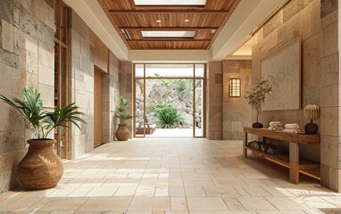 Interior design of modern hall room with beautiful wall and wooden. The hall design with attractive stone tiles and lighting. 