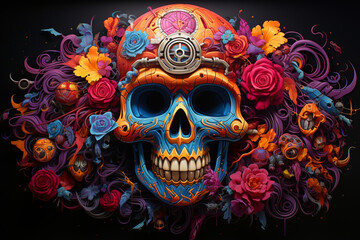 Illustration of an inhuman skull on a black background, for using a print on clothes, magic stickers,tattoo,