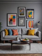 Light grey sofa paired with multicolored pillows against a wall adorned with art poster frames, capturing the dynamic essence of pop art and Scandinavian design in a modern living room.