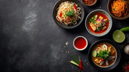 Asian food background with various ingredients on rustic stone background , top view. Thai cuisine.