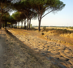 Original paving of the ancient Roman road known as the Via Appia Antica, showing the grooves left...