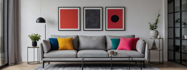 Light grey sofa with multicolored pillows, art poster frames against the wall, embodying the lively spirit of pop art within the Scandinavian home interior design of a modern living room.