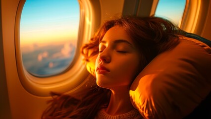 Fototapeta na wymiar A girl sleeping on a flight near the window