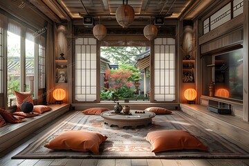 an Asian-inspired entertainment room, with a perfect blend of technology and traditional elements, rendered in cinematic 16k ultra HD. - obrazy, fototapety, plakaty