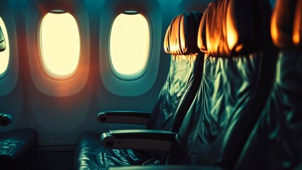 Empty plane seats on a sunset - obrazy, fototapety, plakaty