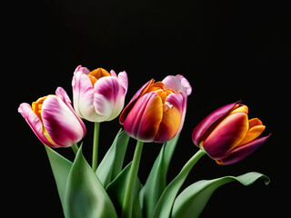 Tulips Blooming Against a Black Background
