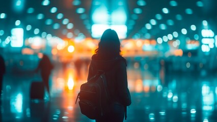 Female silhouette in the airport - obrazy, fototapety, plakaty