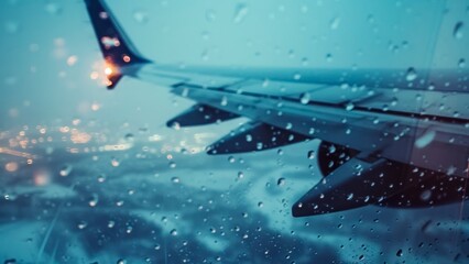 Plane window view on a rainy flight