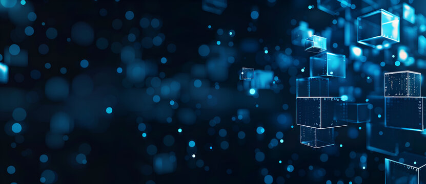 Abstract blue technology background with glowing cubes and binary code on dark blue, banner of digital data science tech concept