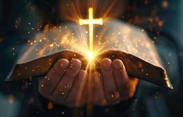 Close up of open hands holding a cross with light rays coming out, the background is a bible with a bright glow Generative AI - obrazy, fototapety, plakaty