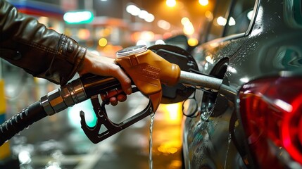A man is filling up his car with gas. The gas station is lit up at night. The man is wearing a leather jacket - obrazy, fototapety, plakaty
