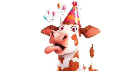Funny cartoon cow wearing party hat and sticks out tongue isolated over white background. Colorful joyful greeting card for birthday or other festive events.