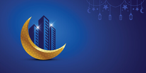 Golden decorative new moon with building on dark blue Islamic background, Eid and Ramadan concept for construction, builder, developer, engineer, civil engineer, housing, architect design