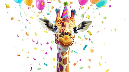 Funny cartoon party giraffe head isolated over white background. Colorful joyful greeting card for...